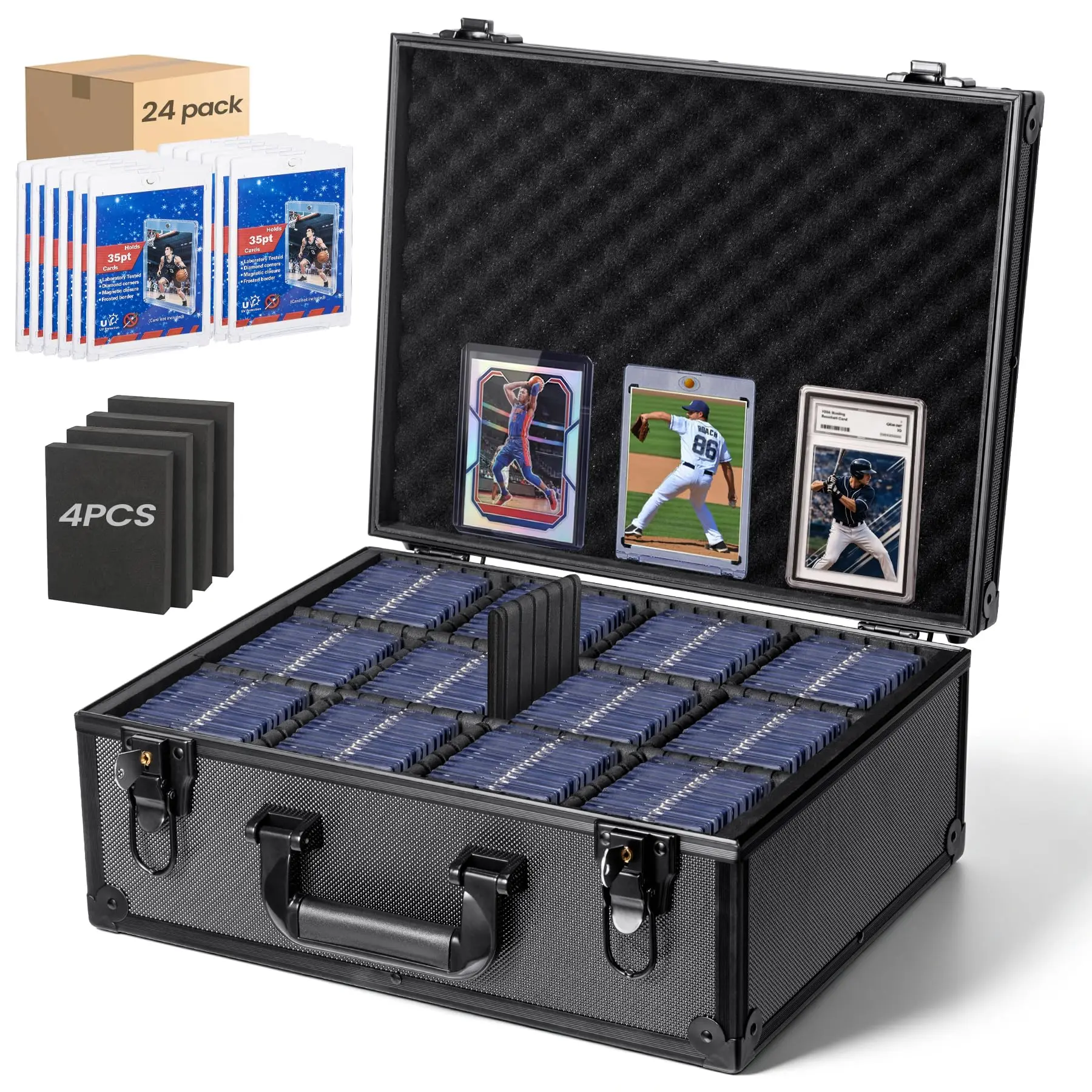 KACOOMI Sports MTG YGO PTCG Card Storage Case for 3”x 4” 35pt Rigid Card Graded Card Organizer Box with 9 Dividers 24pcs Magnetic Holder for PSA BGS SGC Holds 600+ Toploaders or 144+ Magnetic Cards