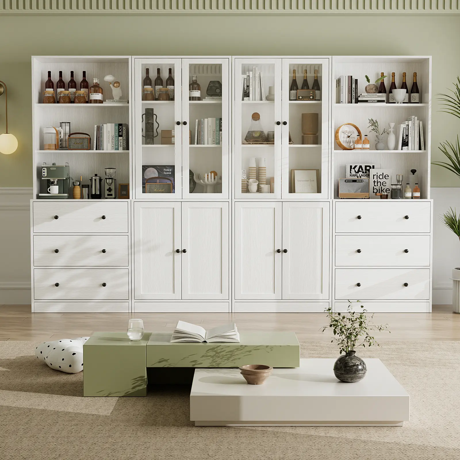 VOWNER Modern Storage Cabinet with Glass Doors & Drawers, 3-Tier Bookshelf Display Cabinet for Living Room, Dining Room & Home Office, White