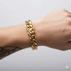 Unisex Electroplated Gold Miami Hip-Hop Style Cuban Link Bracelet Heavyweight Stainless Steel 8mm-14mm Width Vacuum-Plated Golden Finish