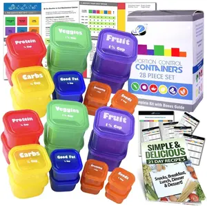 Portion Control Containers DELUXE Kit (28-) with COMPLETE GUIDE + 21 DAY PLANNER + RECIPE eBOOK  Color Coded Meal Prep System for Diet and