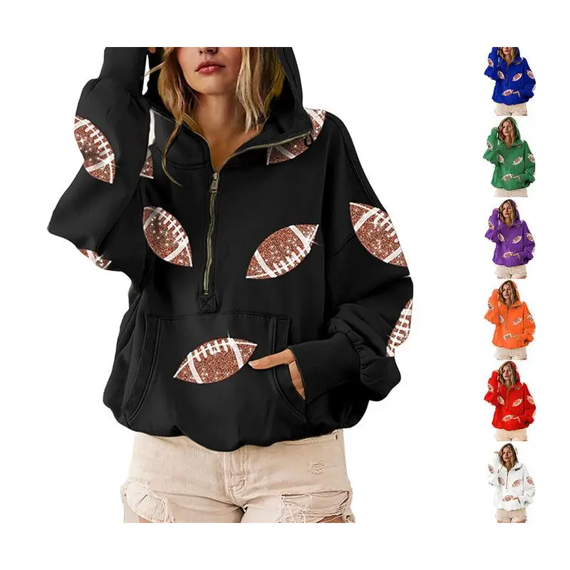 Women's Comfy Fashion Sequin Gameday Hoodie - Longsleeves Oversize Half-Zip Pullover, Lightweight Casual Top with Drawstring & Kangaroo Pocket, Light, Football, Style, Adjustable, Fit, Sweatshirt, Comfortable, Patchwork, Party, Long Sleeves, Minimalist, S