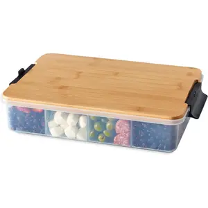 Snacklebox Serving Tray with Locking Bamboo Cutting Board Lid, Portable Storage Container with Compartments for Charcuterie and More, Natural