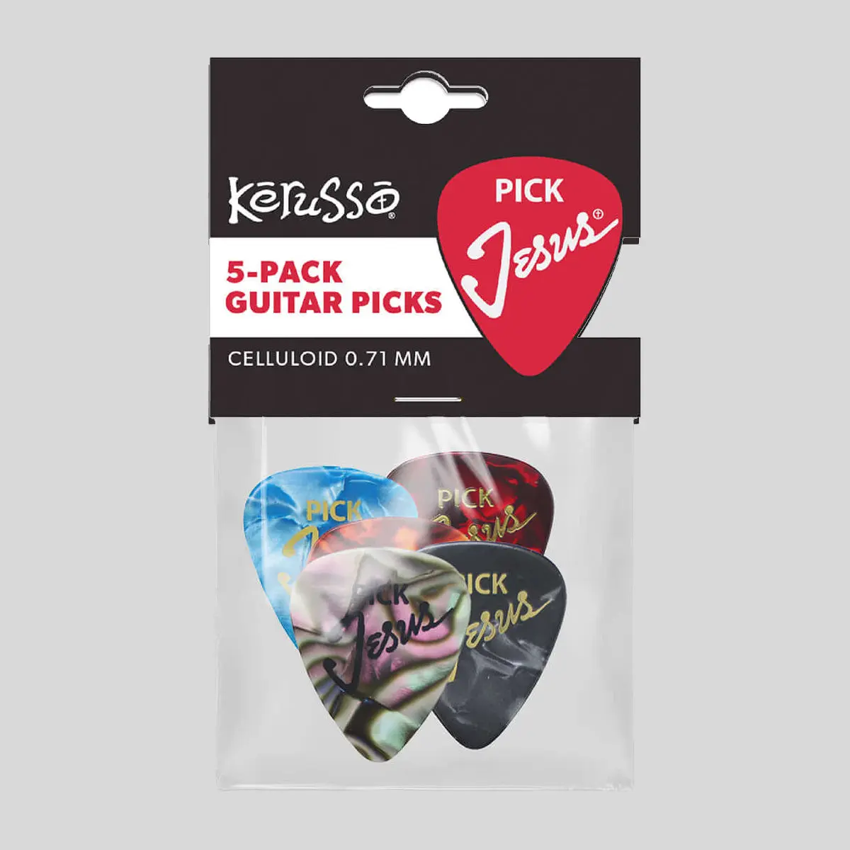 Kerusso 5-Pack Assorted Celluloid Guitar Picks - Jesus Design, Unisex Adult Musicians, Faith Music Use, Clever Reminder, Great Gift, Compatible with Any Band
