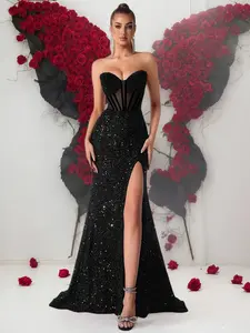 Sparkling Backless Halter Dress, Sleeveless Long Split Evening Gown, Formal Party Wear, Elegant Women's Prom Dress, No Shoulder Straps, Elegance, Strapless, Lady, Classy Dresses