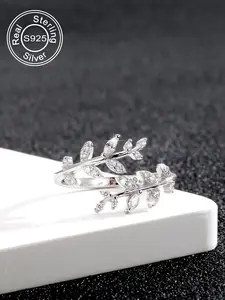 S925 Sterling Silver Leaf Design Cuff Ring, Fashionable Adjustable Statement Rings for Women & Girls, Casual Jewelry for Party, Daily Clothing Decor, Trendy All-match & Exquisite Jewelry for Birthday Gift