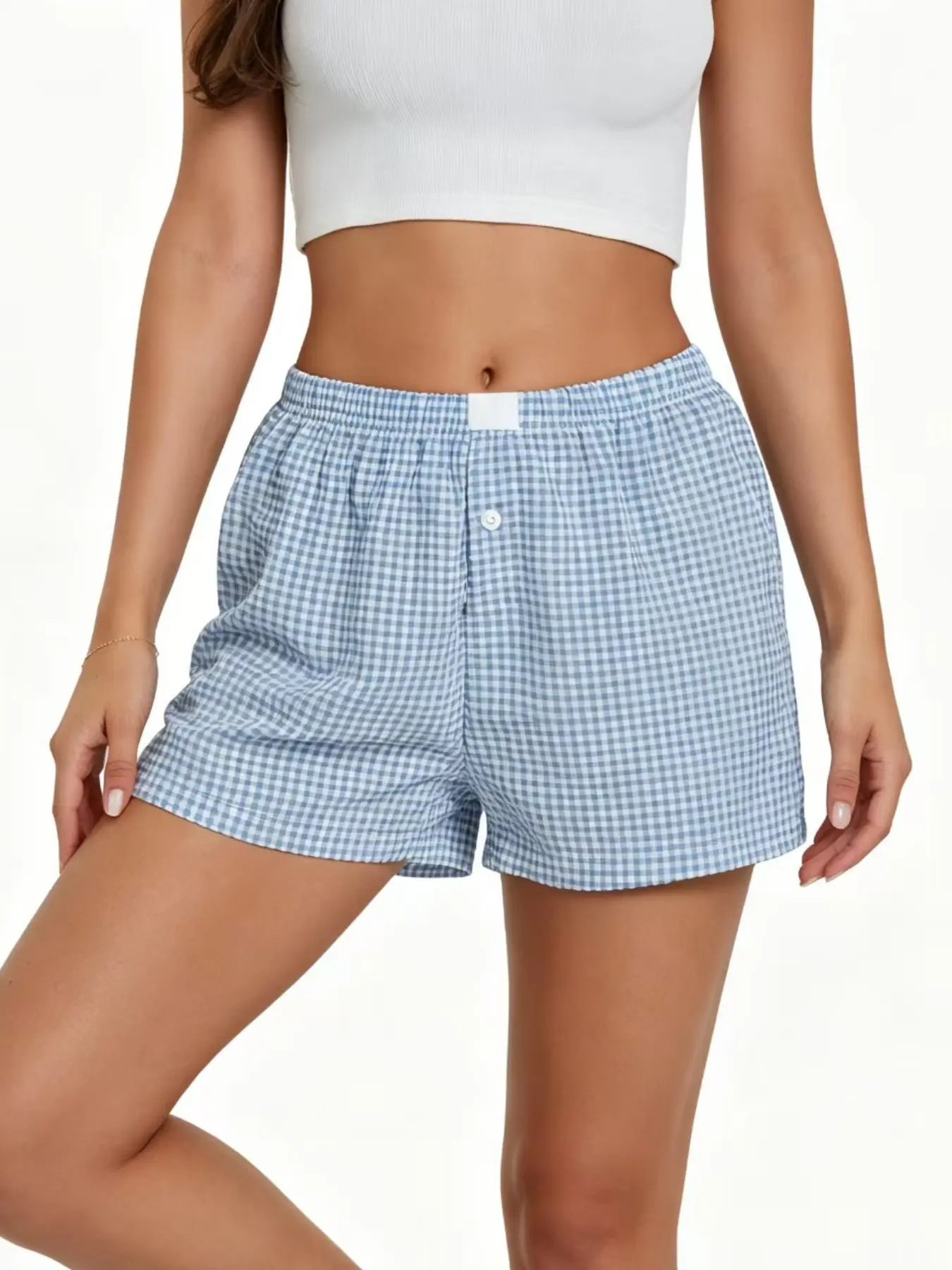 Tiktok Trendy Blue Plaid Boxer Shorts, Y2K Aesthetic High-Waisted Checkered Casual Home Loungewear Everyday Shorts, Cute College Style Summer Beach Pajama Pants for Women