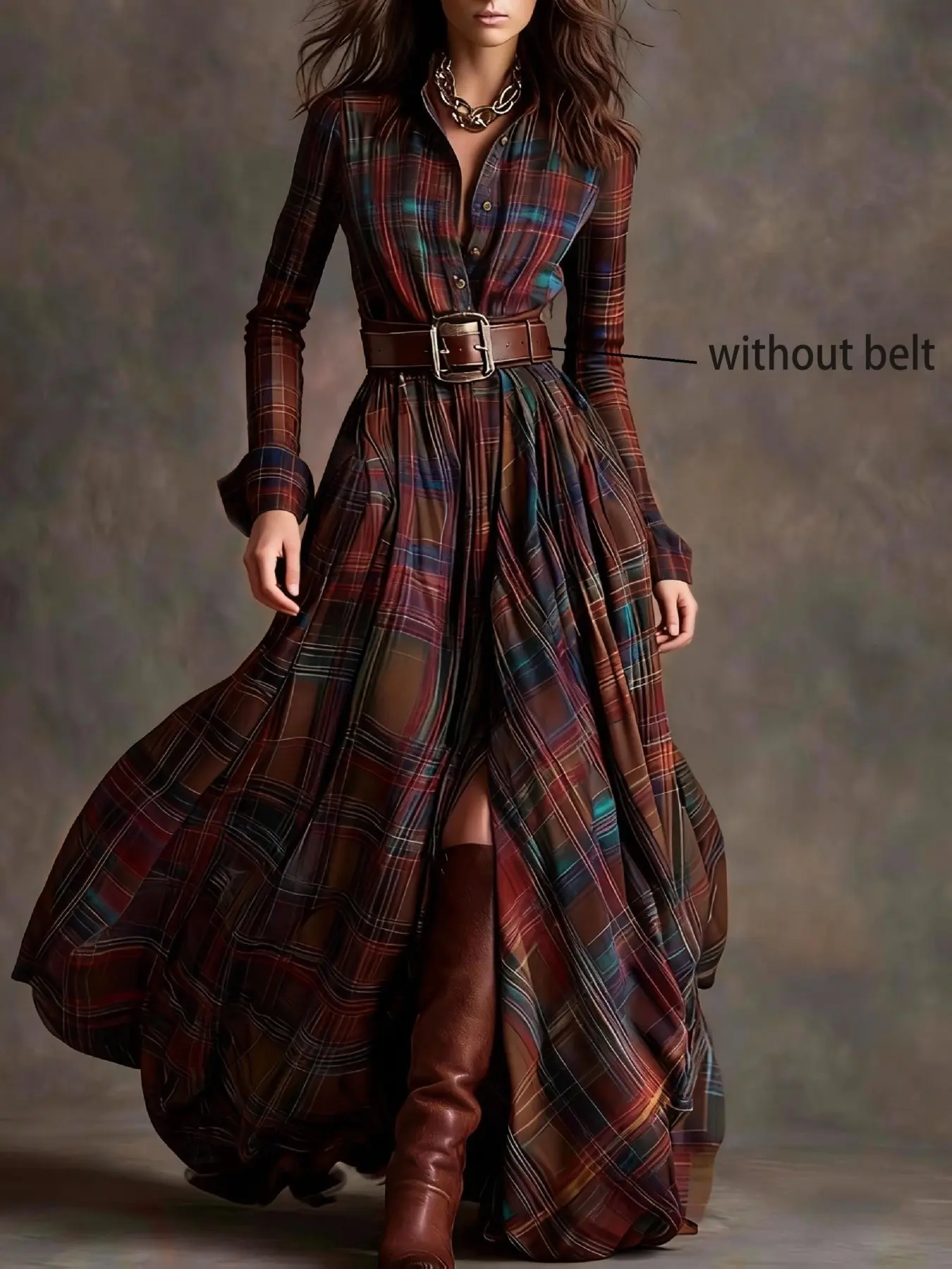 Women's Fall Winter Fashion Plaid Long Dress, Vintage Style Buttoned Slim Fit Shirt Dress, Perfect for Parties and Gatherings