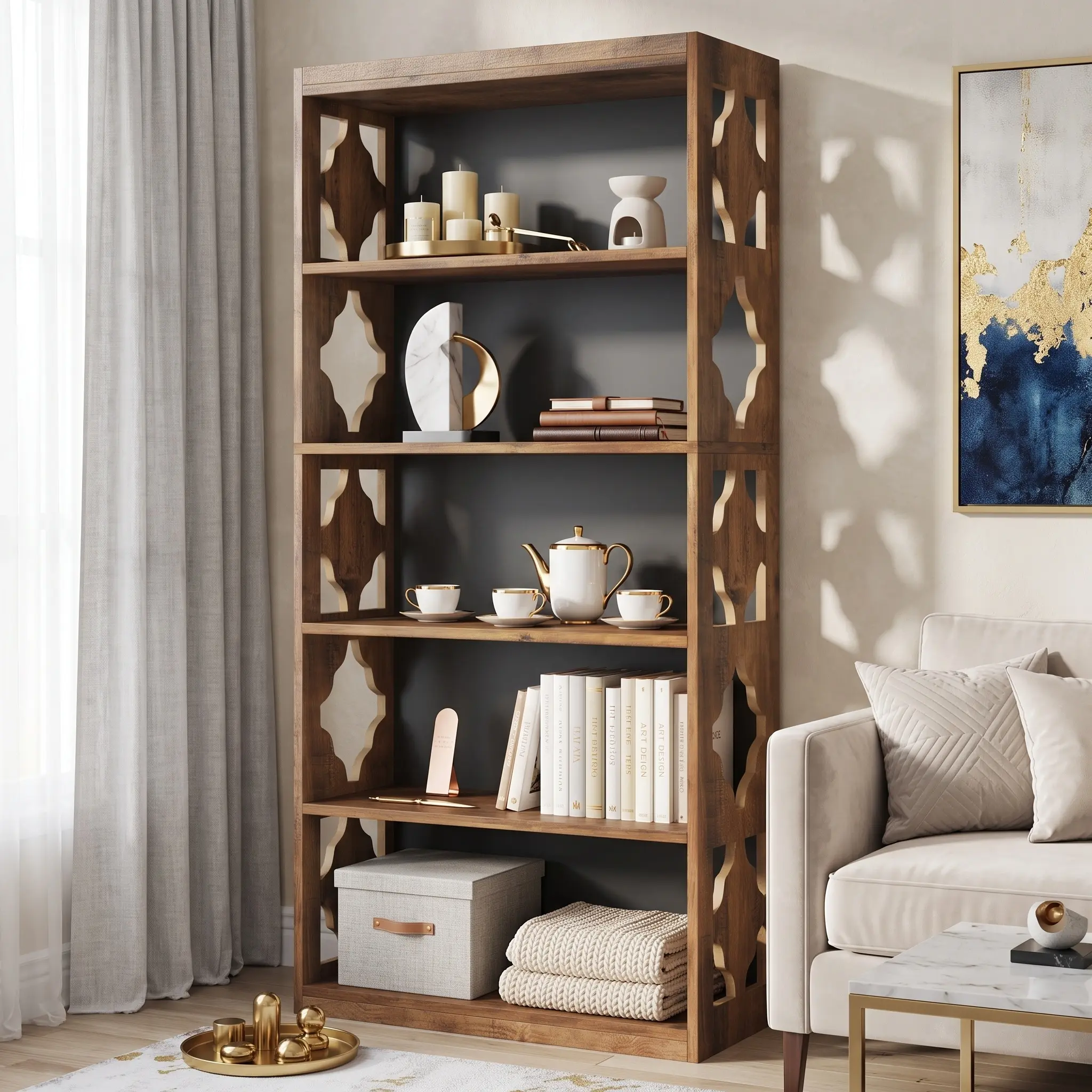 Spaco 70" Tall Vertical 6-Tier Storage Bookshelf, Vintage Solid Wood & Particle Board Bookcase with Ornate Metal Rhombus Decor, Anti-Tips Kit for Living Room, Study Shelves