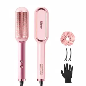 Bye Bye Frizz! Ufree Negative Ions Double-Row Ionic Straightening Comb for Thick Hair, 4X Faster Hair Straightener Brush, 9 Fast-Heating Temp Settings with LED Display, Ionic Straightening Hot Comb for Women,Smooth Hair in 30s!