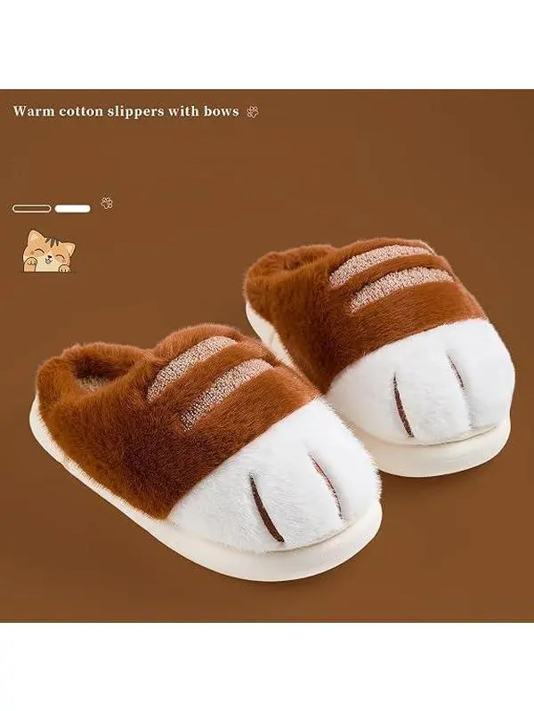 Women's Cute Cat Paw Slippers, Fluffy Round Toe Slides with Memory Foam, Warm Indoor House Footwear with a Non-Slip Rubber Sole, Slippers For Women, Casual Chic, Anti-Slip Sole, Home Wear, Soft Cotton, Low Ankle