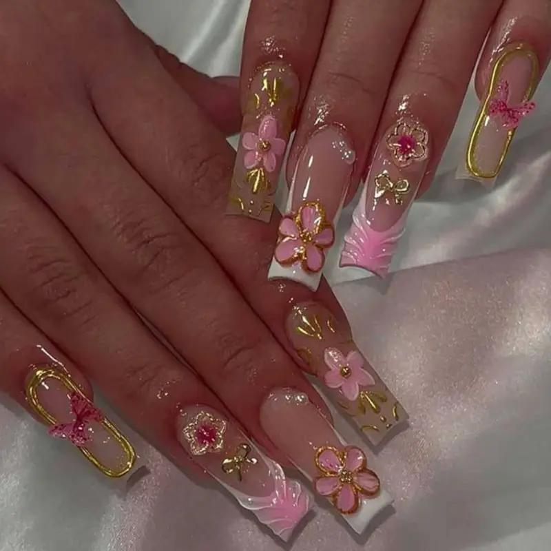 Pink Flower 3D Long Square Press-on Nails with Gold Accents and Floral Design for Elegant Manicure