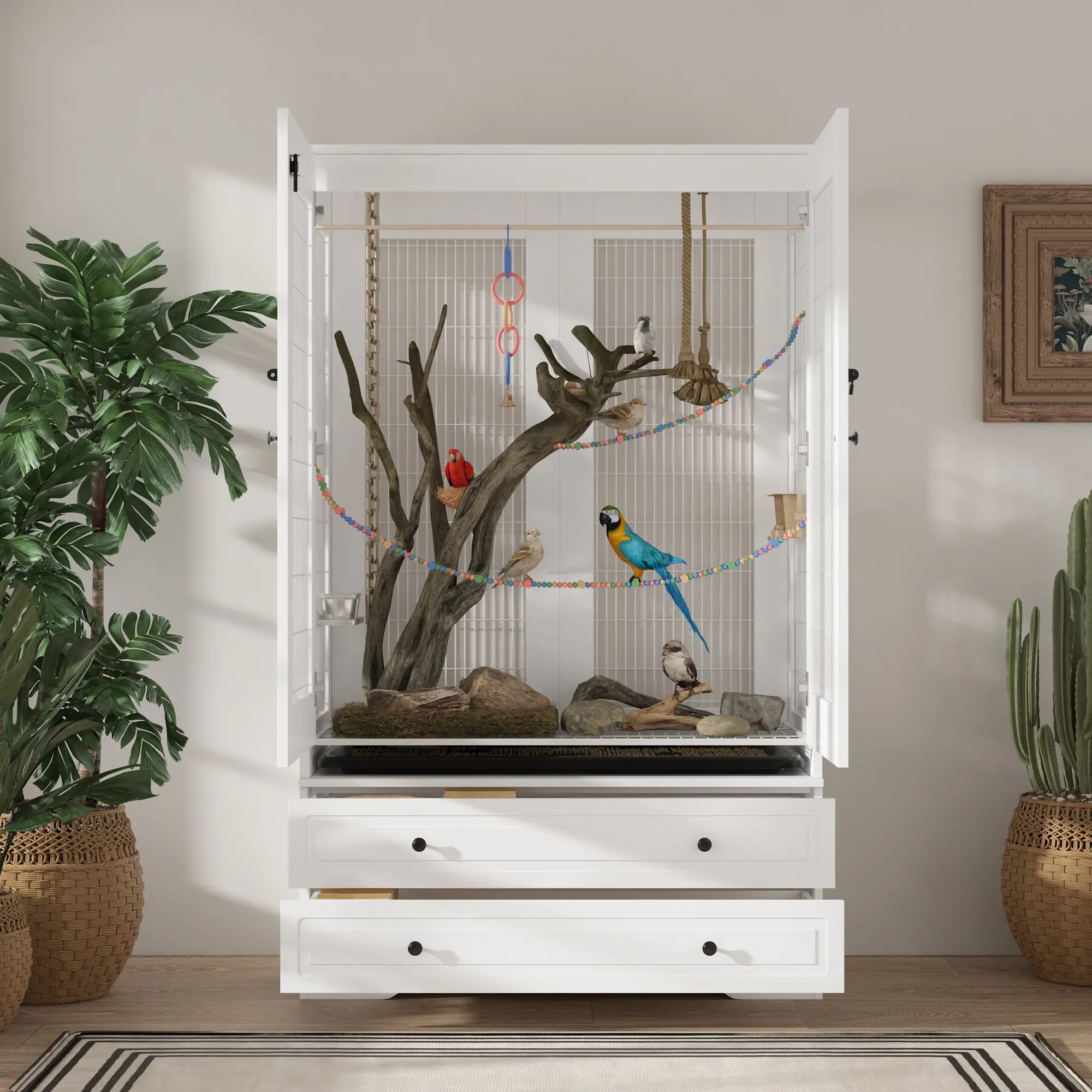 FUFU&GAGA 63" Tall Wooden Birdcage - Bird Supplies with Storage Drawers, Double Doors with Latches, Pull-Out Tray, Fast Cleanouts, Good Ventilation, Parakeet Cage Setup Aviary Cage for Small Birds Indoor Use