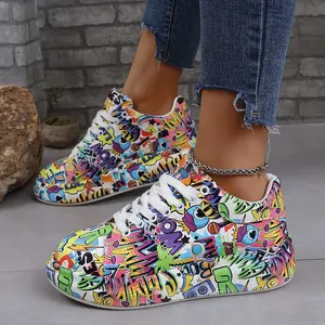 Women's graffiti - printed sports shoes, stylish lace - up low - top sports shoes, casual skate shoes Red chunky shoes Footwear Girl