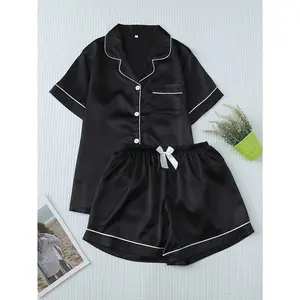 Casual Solid Satin Pajama Set, Short Sleeve Button Up Lapel Collar Top & Elastic Shorts - For Women - Made from Satin - Perfect for Lounging & Sleeping - Ideal Gift for Her
