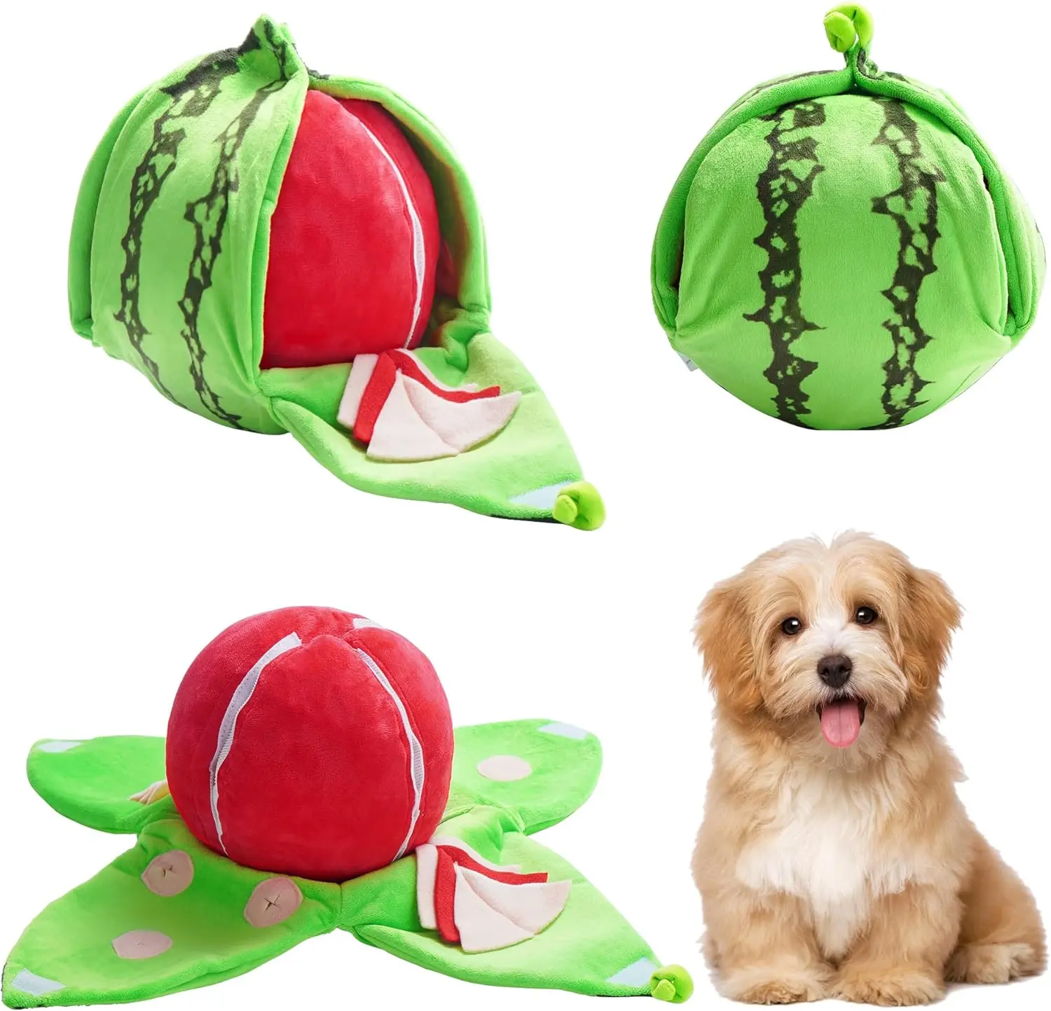 Nocciola 4-in-1 Watermelon Dog Enrichment Toy - 4-Slice Puzzle, 3 Squeaky Slices, Rind Snuffle Mat for Treat Hunting, Interactive Chew & Sensory Chew Tool Plush Toy for All Dog Breeds