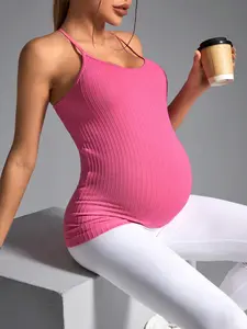 Maternity's Solid Ribbed Tank Top, Casual Comfy Breathable Sleeveless Pregnant Maternity Swimwear for Daily Wear, Maternity Clothing for All Seasons