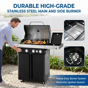 IRONYAK Modern 4+1 Burner Stainless Steel Patio BBQ Grill - Metal Hood/Lid, Porcelain-Enameled Cast Iron Grate, Side Burner, 570 Sq. In. Cooking Area, Electronic Ignition, Black & Silver Portable BBQs for Backyard Enthusiasts