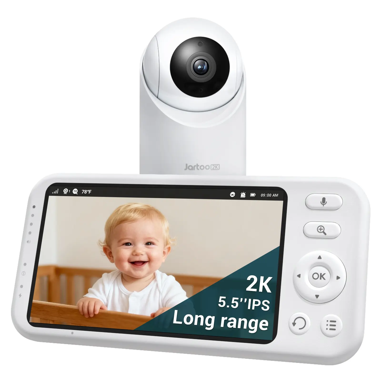 Jartoo 1860ft Long Range Video Baby Monitor with 5.5" Full HD Screen, No WiFi Two Way Talk Camera and Audio, Night Vision, AI Cry Detect, White Noise,  6000mAh Batteries, 360-Degree Viewing