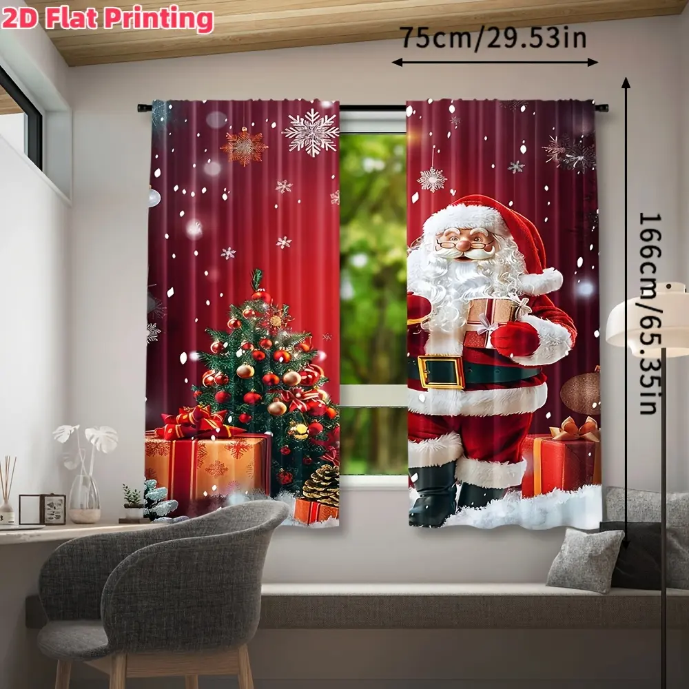 2pcs, Santa and Christmas Tree Curtains - Red Holiday Window Decorations with Gifts and Snowflake Patterns, Translucent, Suitable for Living Rooms, Bedrooms, Kitchens, Christmas Home Decorations, Happy Holiday Style, Holiday Atmosphere Arrangement