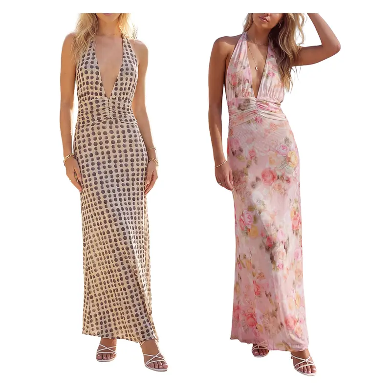 Women Long Dress, Sleeveless Halter Dress Backless Flower/Dots Print Summer Cocktail Dress Womenswear Feminine Formal Light,sohochic