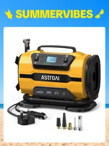 AstroAI Portable Tire Inflator, 150PSI,  12 V DC/120 V AC Dual Power, with Dual Metal Motors & LED Light,Yellow Tool Car Air Compressor