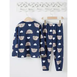 Boys' Long Sleeve & Pants Pajama Set for Kids Ages 1-8, Spring/Summer/Fall, Royal Blue, Cute Cartoon Bear & Heart Random Print, Comfortable Casual Loungewear