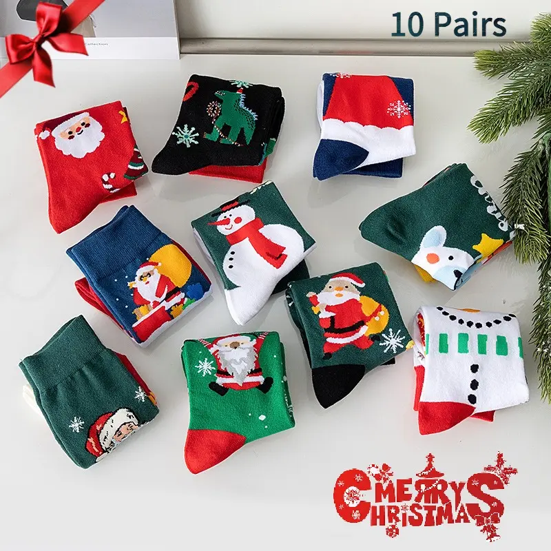 Women's 10-Pair Merino Wool Christmas Socks Set, Comfortable Warm Festive Unisex Gift, Fun Cartoon Patterns (Reindeer, Snowflake, Santa Claus, Tree, Gingerbread, Polka Dot), Stylish Winter Accessory