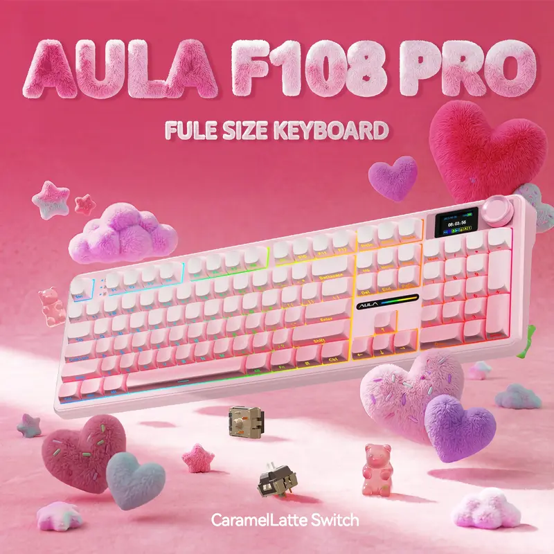 AULA F108 PRO Full Size Wireless Gasket-mounted Gaming Keyboard - 2.4G, RGB LED Backlit, Smart Screen, Knob, Numpad, 3-Way Input, Hot Swappable, Customizable Display Keys, Productivity Tools, Windows PC Compatible, Gamer Gift Idea