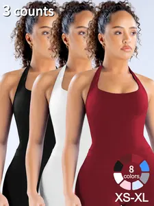 3 Pcs Women's Yoga Halter Neck Tank Top with Removable Pads, Three-Layer Seamless Backless Tank Tops Casual Solid Color Soft All Seasons Wear Gym Top