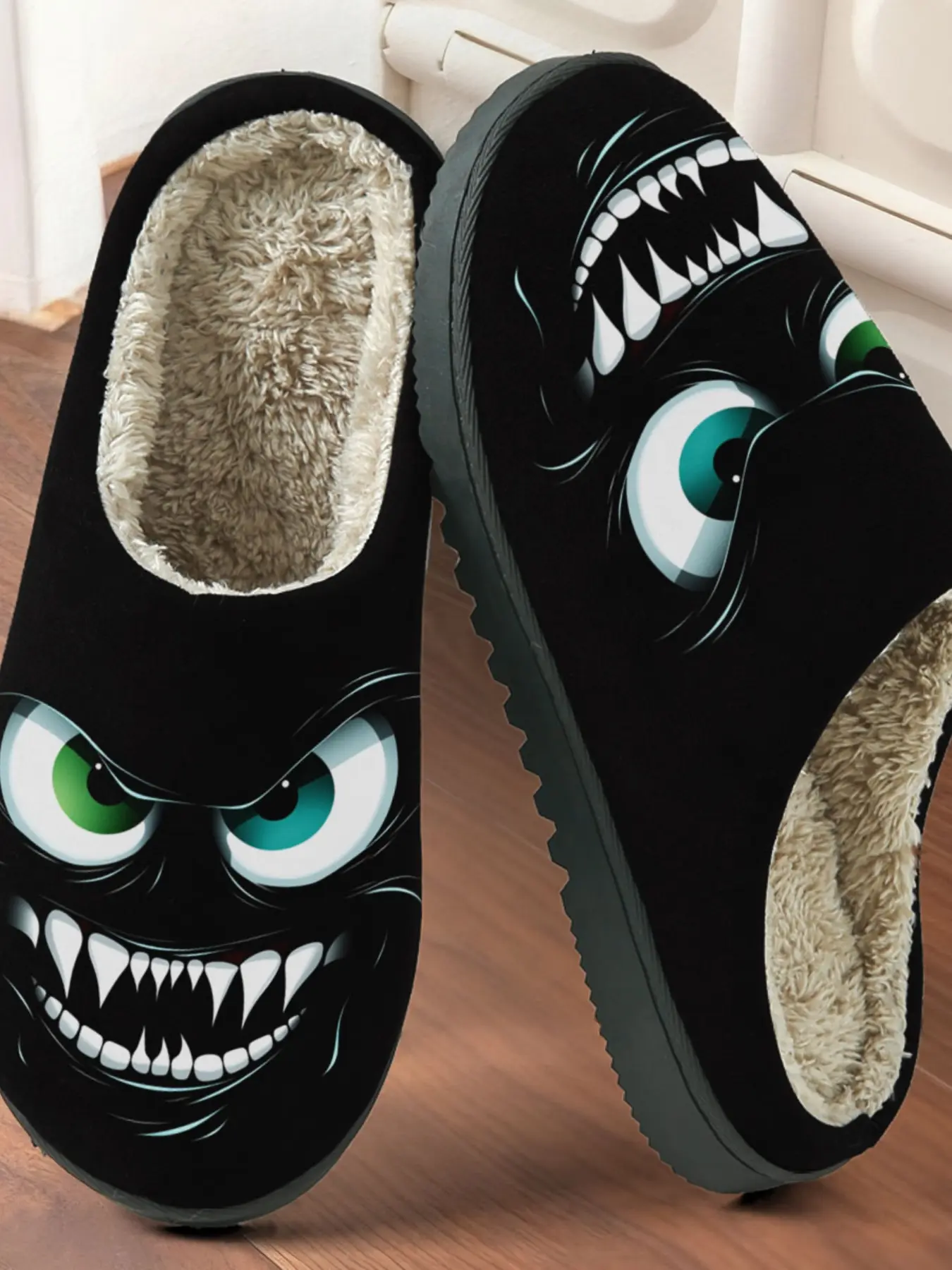 Funny Monster Print Cotton Slippers, Cool and Quirky Style, Fuzzy Lined Anti-Slip Thick Sole, Home Warm Shoes for Men and Women Fall Winter