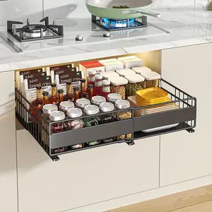 1pc Or 2pcs of an Expandable Pull-Out Cabinet Organizer Rack, Adjustable for Under-Sink Use, Versatile Metal Cabinet Drawer for Storing Kitchen Spices, Pots, And Dishes, Designed to Fit Perfectly in Your Kitchen Cabinet