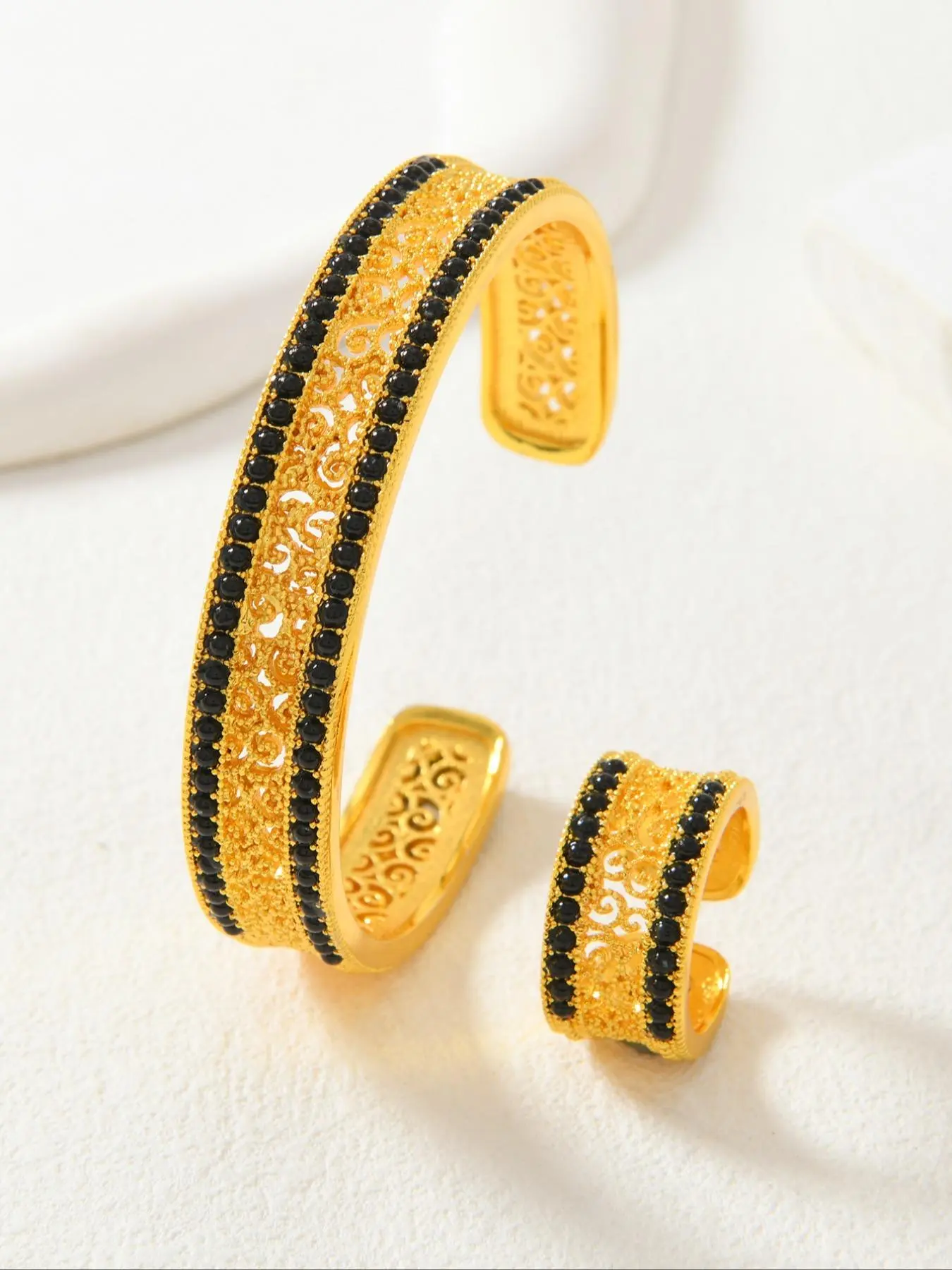 Women's Elegant Hollow Out Flower Design Cuff Bangle & Ring, Exquisite Trendy Bracelet & Ring, Fashionable Jewelry Set for Women As Gift, Matching Jewelry Set Bracelet Jewelry Sets