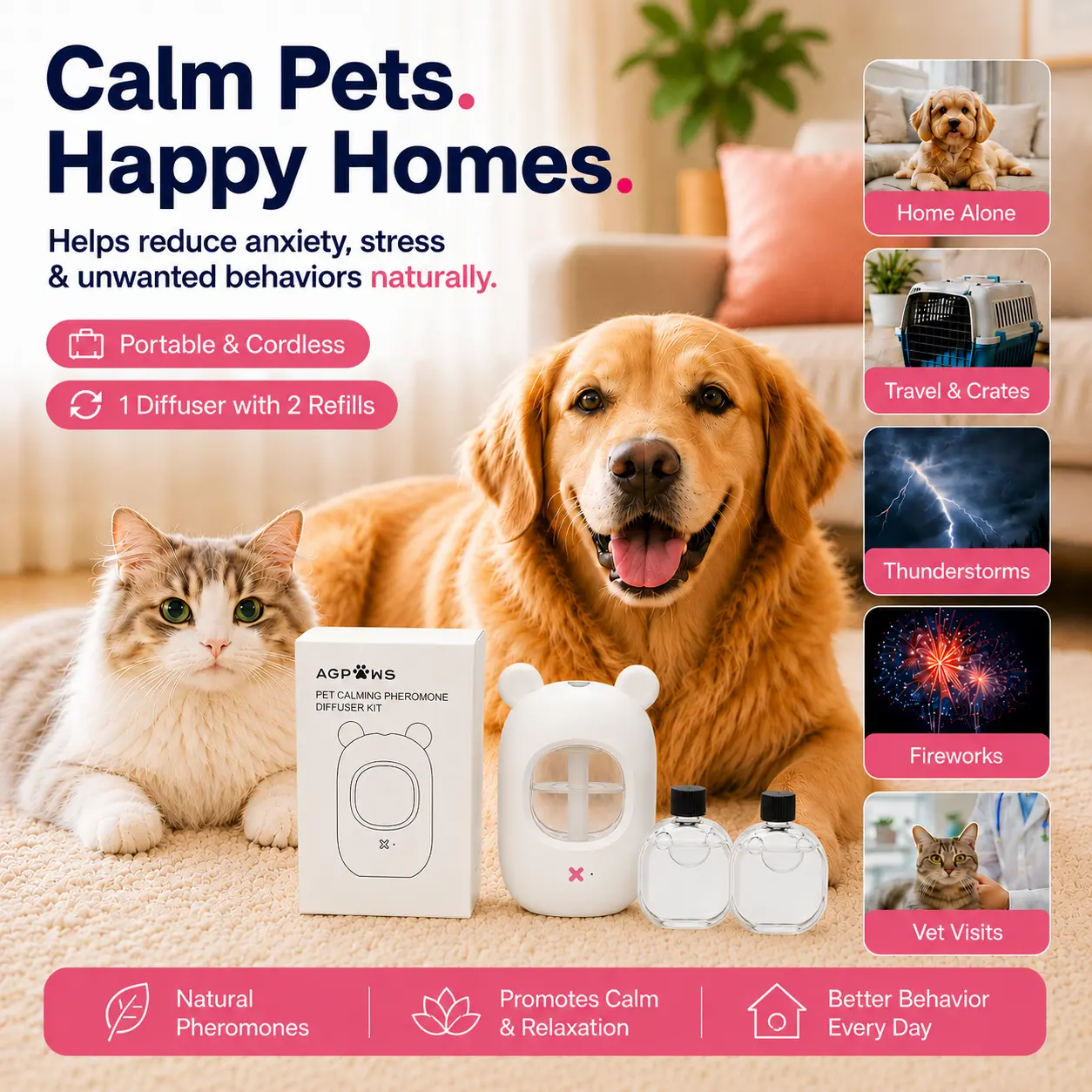 Agpaws Portable Dog Calming Pheromone Diffuser| 30-Day Supply for Anxiety, Barking, Stress & Indoor Urination Relief | Vet-Approved, No Outlet Needed