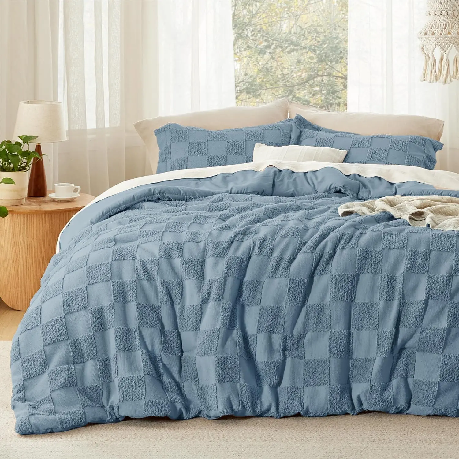Queen Bedding Sets - Soft Bedding Set with 2 Pillow Shams, Taupe Boho Tufted Checkered Farmhouse Geometric Shabby Chic Queen Comforter, Dry or Tumble Dry Low