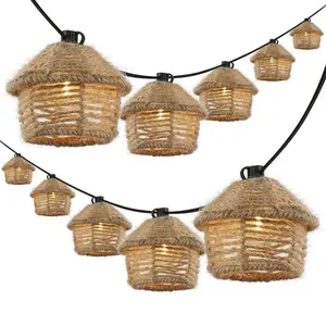 JONATHAN Y Maui 10-Light Indoor/Outdoor 10 ft. Mid-Century Vintage Incandescent G40 Tiki Hut Hemp Rope Shaded String Lights; for Living Room, Bedroom, Kitchen, Office
