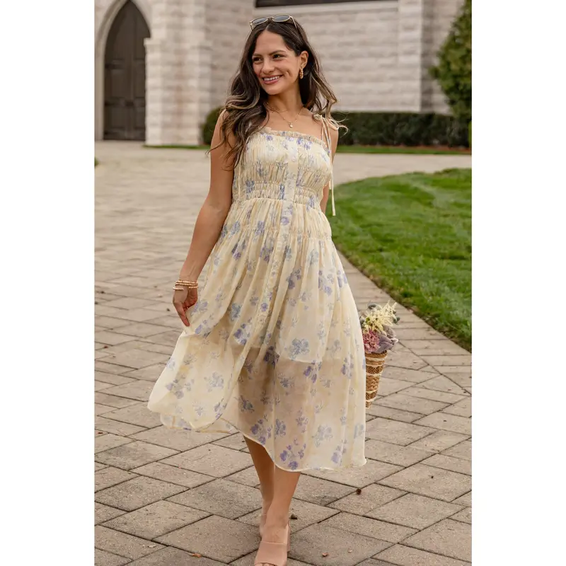 knee length dresses for ladies Margaret Floral Embroidered Midi Dress Yellow | Occasion Dress in Sizes  XXS–6X