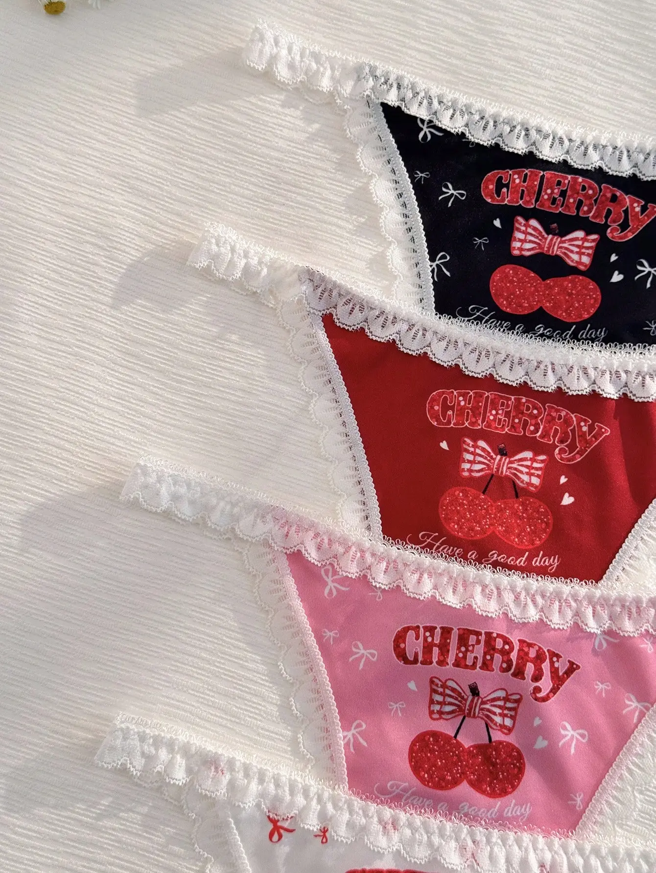 BOSSIE Plus Size 4pcs Bright Sweet Cherry Print Design Series Thongs Cute Kawaii Vibrant Fruit Print Lingerie Underwear Set Comfortable
