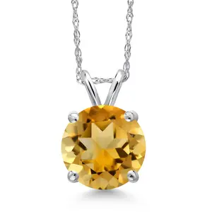 Gem Stone King 14K White Gold Yellow Citrine Pendant Necklace for Women | 2.80 Cttw | Gemstone November Birthstone | Round 9MM | With 18 Inch Chain