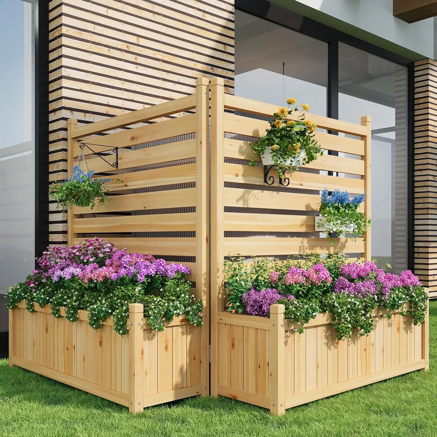 2-Panel Outdoor Privacy Screen with Planter Box, 33"X40" Wooden Fence Cover for Patio & Garden, Perfect for Hiding AC Units, Trash Cans, Pool Pumps & Equipment, Natural Decorative Backyard Divider