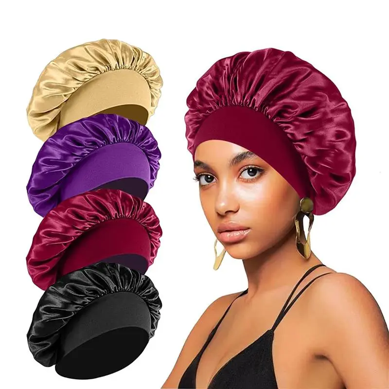 4PCS Silk Bonnet for Sleeping Hair Wrap Satin Bonnets Shower Cap for Black Women Men, Elastic Wide Band Hair Bonnet Cap Set Bonnet wrap