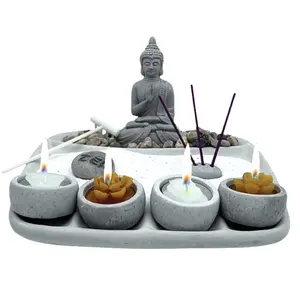 Tabletop Zen Garden with Buddha, Candle Holders & Incense | Rock & Sand Meditation Kit