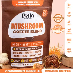 Pella Nutrition Mushroom Instant Coffee - Medium Roast Blend with Lion's Mane, Chaga, Reishi & More - Vegan, Gluten-Free, Keto Friendly - 60 Servings