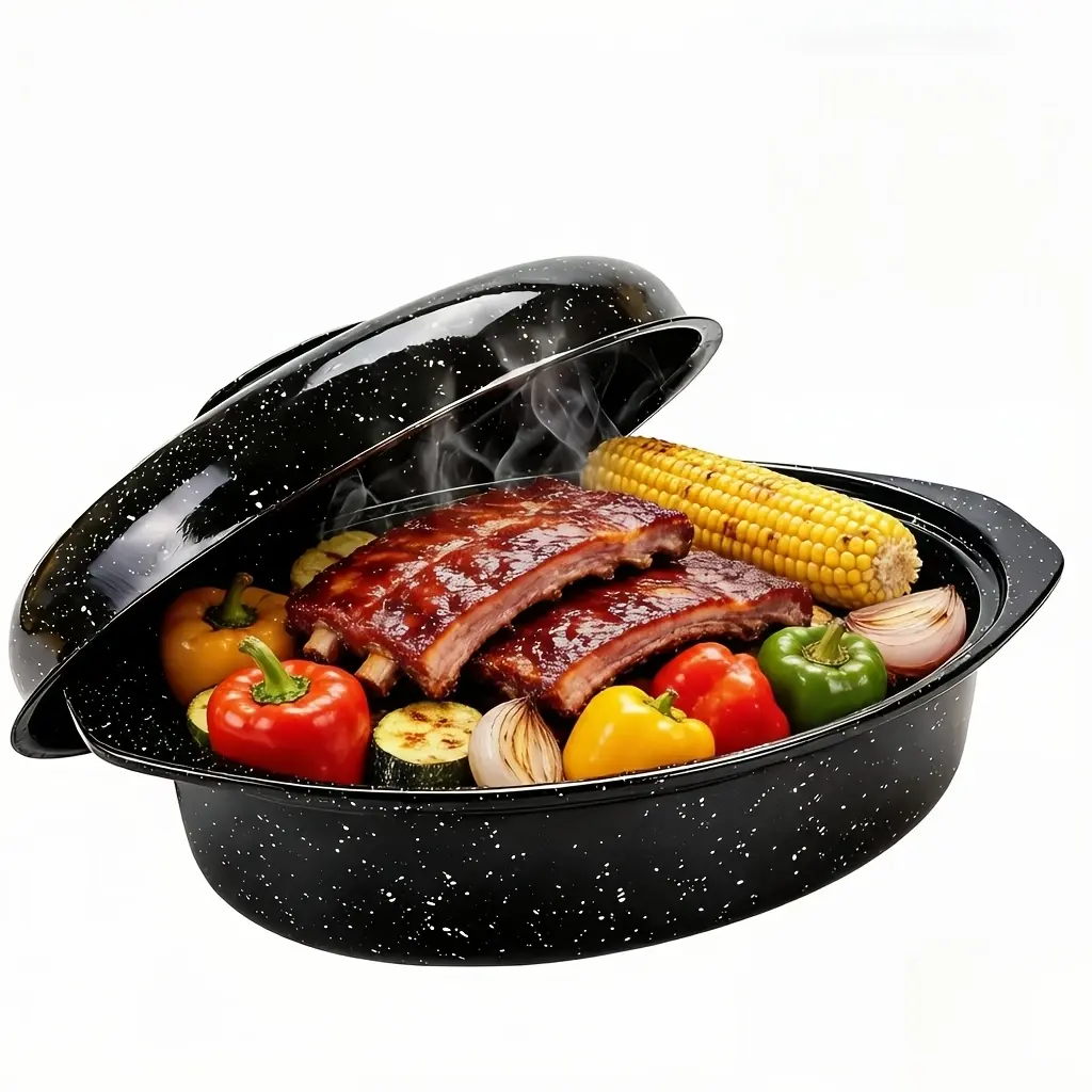 13 in Carbon Steel Enamel Oval Roasting Pan with Lid, Charcoal Grill & Oven Compatible Cookware, Ideal for Roasting Chicken, Backyard BBQ