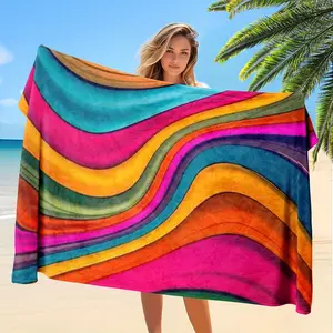 1Pcs beach towel with tropical rainbow wave design, fast-absorbing, lightweight and soft, suitable for beach, pool, camping, travel - coastal essential, poolside gear, vibrant pattern