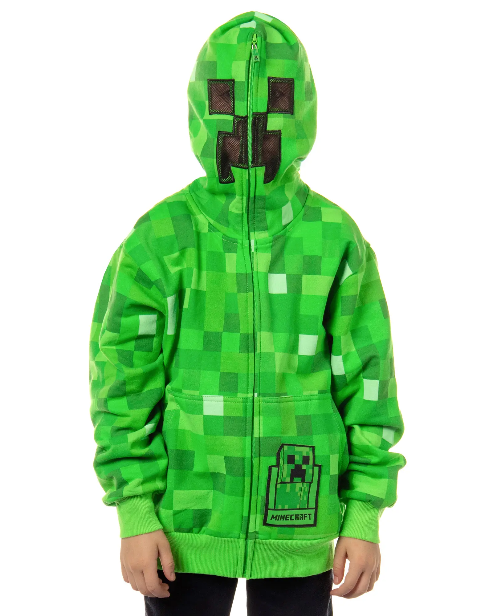 Mad Engine Minecraft Boys' I Am Creeper Allover Pixel Design Big Kids Full-Zip Hoodie Rubber Creeper Zipper Pull