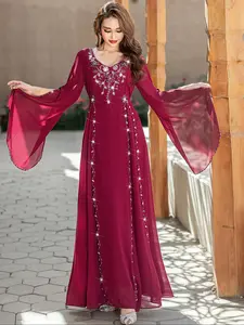 Women's Casual Dress with Rhinestone Beaded Applique, High-End Handmade Embroidery, Long Sleeve Design, Perfect for Daily Wear