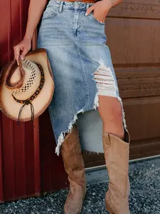 Women's Denim Skirt, American Vintage Distressed Elastic Casual Simple Blue Jean Half Skirt, Suitable for Spring Summer Autumn