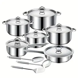 Stainless Steel 15-Piece Cookware Set, Non-Stick Fry Pans & Soup Pots, Essential Kitchen Utensils for Home, Camping, Restaurant Use