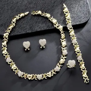 set  4  pcs  fashionable  luxury Love Jewelry Set with Synthetic Zircon XO Design Necklace+Bracelet+Earrings+Ring Sweet Girl Style Daily&Party Suitable Accessories girlfriend heart-shaped