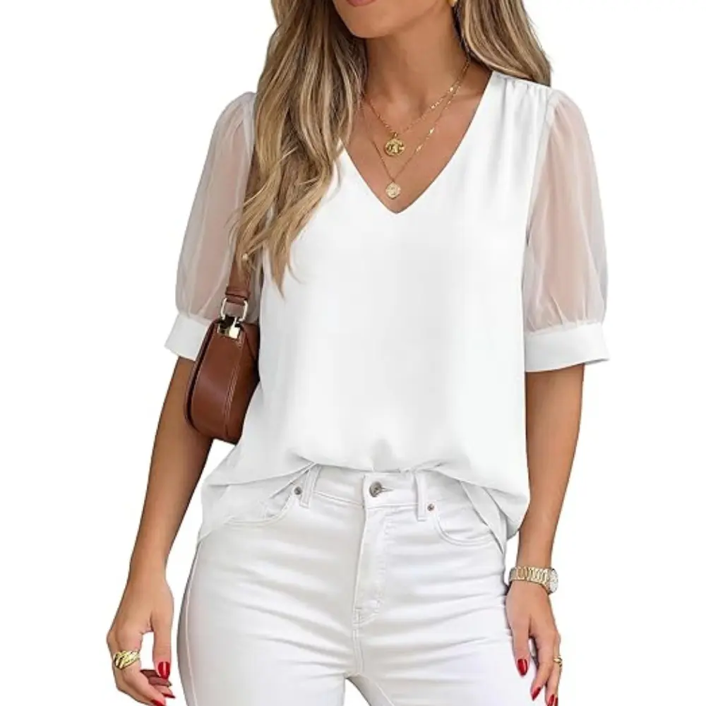 PRETTYGARDEN Womens Tops Dressy Casual Puff Sleeve Chiffon Blouses V Neck Business Work Shirts Summer Fashion Clothing